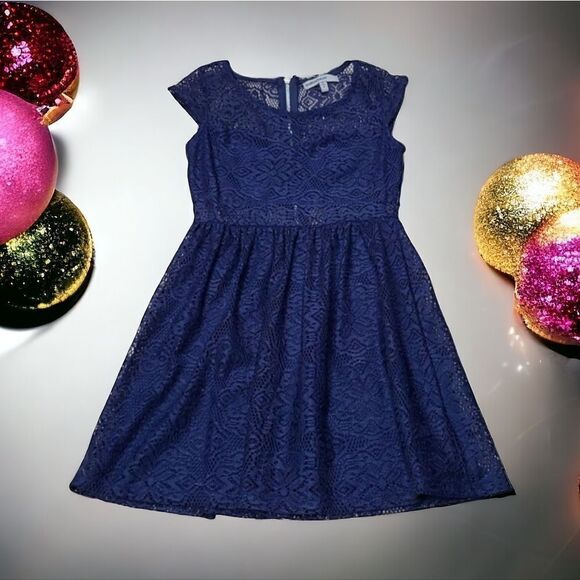 Bailey Blue Navy Lace Overlay Cap Sleeve Fit & Flare Skater Dress Small Boho - Picture 1 of 8